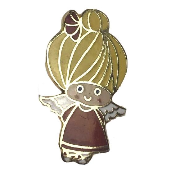 1974 Angel Brooch Enamel GGC Taiwan Blonde Girl Angel Small Pin 1" EUC - Picture 1 of 5
